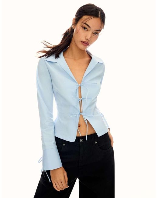 Bershka Blue Fitted Shirt With Ties