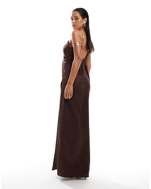 ASOS Brown Draped Satin Wrap Maxi Dress With Gold Hardware And Keyhole Detail