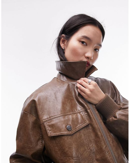 TOPSHOP Brown Faux Leather Bomber Jacket