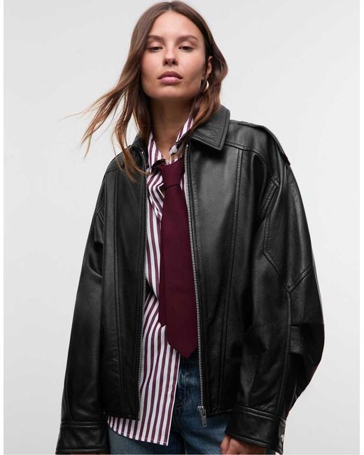 Stradivarius Black 100% Leather Oversize Jacket