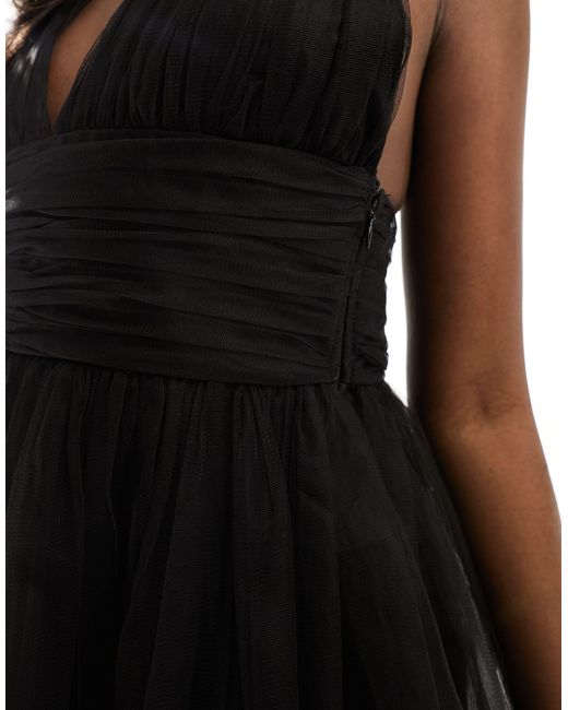 LACE & BEADS Black Cross Back Tulle Maxi Dress