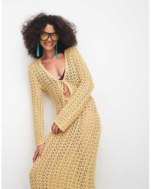 Noughts & Kisses Metallic Scoop Neck Crochet Long Sleeve Maxi Dress