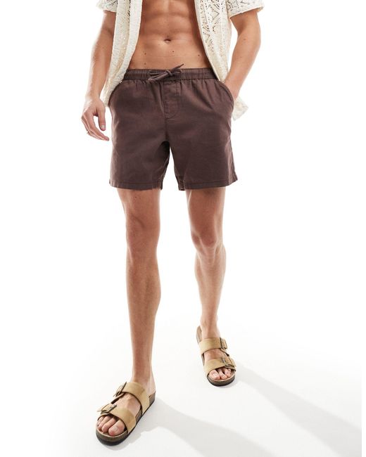 ASOS Natural Slim Mid Length Linen Shorts With Elasticated Waist for men