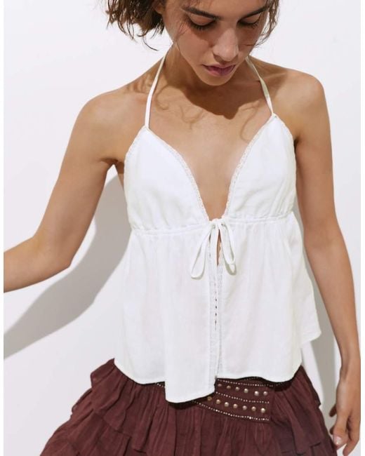 Pull&Bear White Halter Top With Lace Trims And Linen