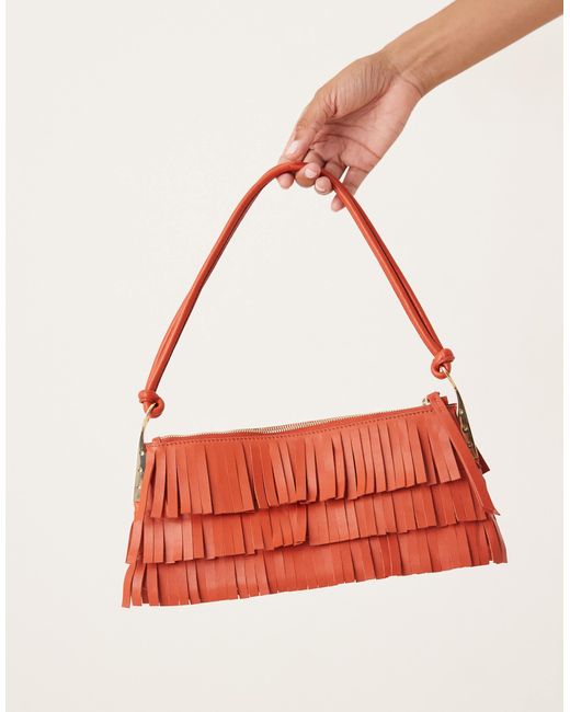 Mango Red Leather Fringed Hand Bag With Gold Accents