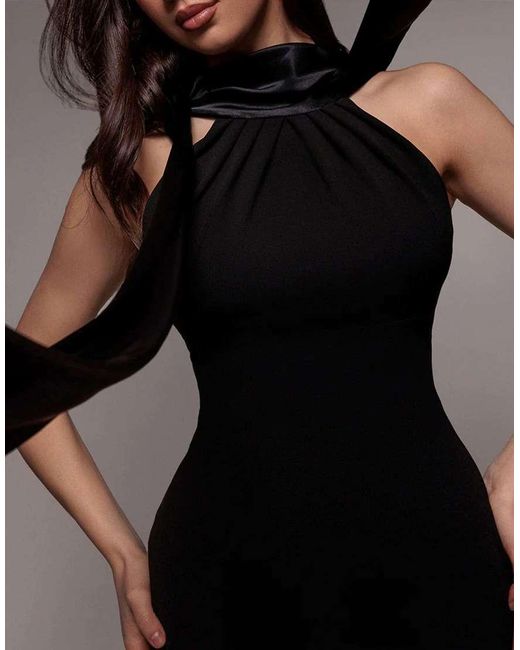 Goddiva Black Petite Satin Multi Tie Halterneck Maxi Dress