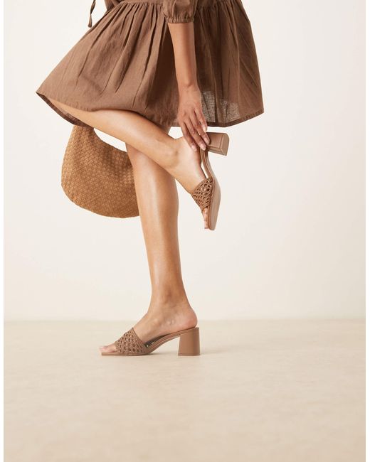 ASOS Brown Honeycomb Weave Detail Mid Heeled Mules
