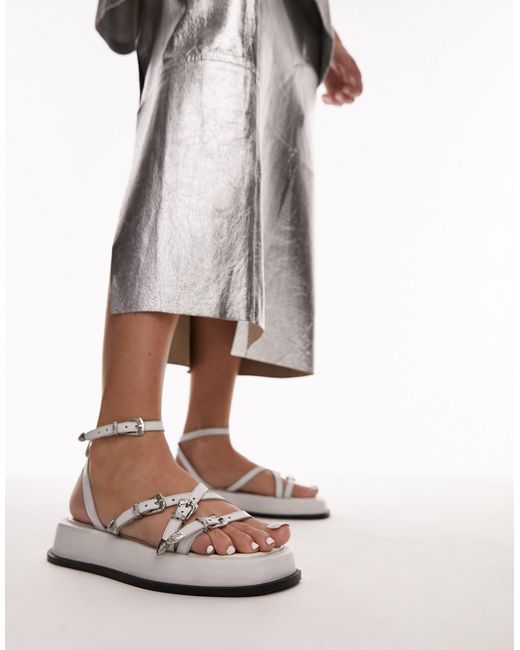 TOPSHOP White Kayla Leather Strappy Sandals With Buckle Detail