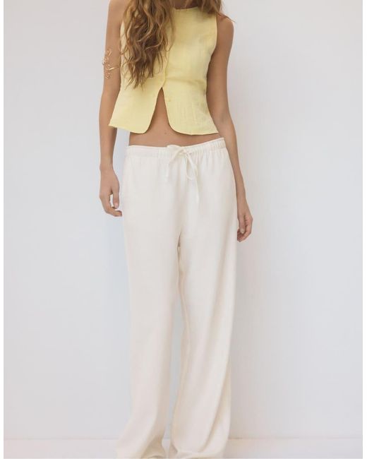 Stradivarius White Flowing Linen Blend Trousers