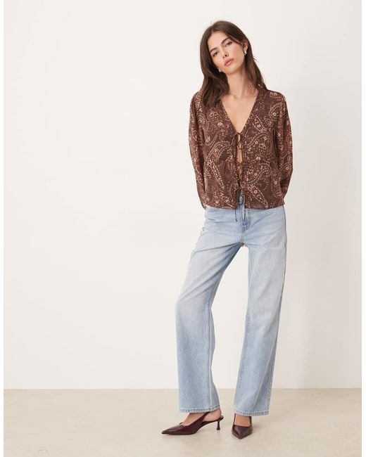 Abercrombie & Fitch Brown Tie Front Long Sleeve Blouse