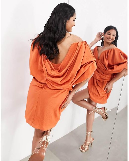 ASOS Orange Memory Draped Structure Off Shoulder Mini Dress