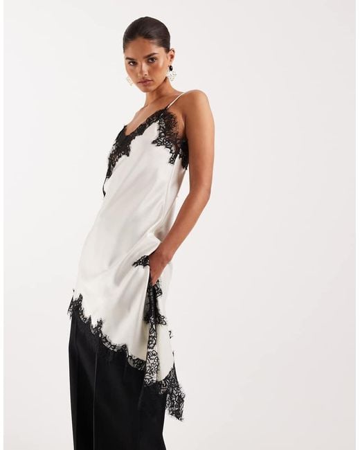 Lioness White Emerging V Neck Contrast Lace Applique Detail Asymmetric Hem Cami Top