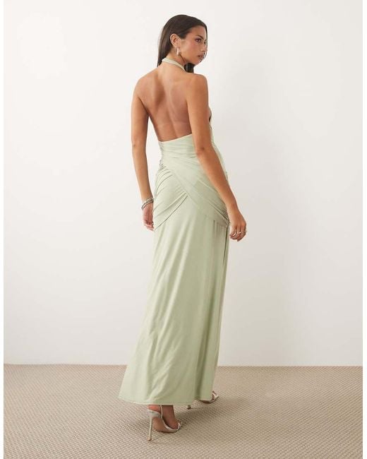 ASOS Green Plunge Slinky Maxi Dress With Ruched Drape Detail