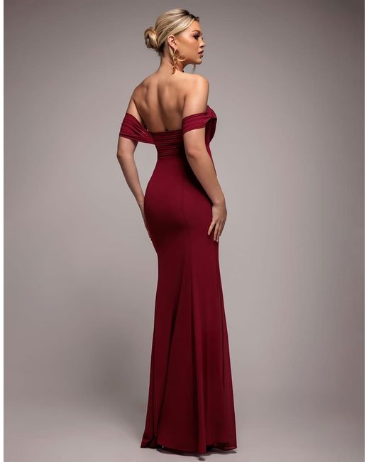 Goddiva Red Chiffon Bardot Cowl Neck Maxi Dress