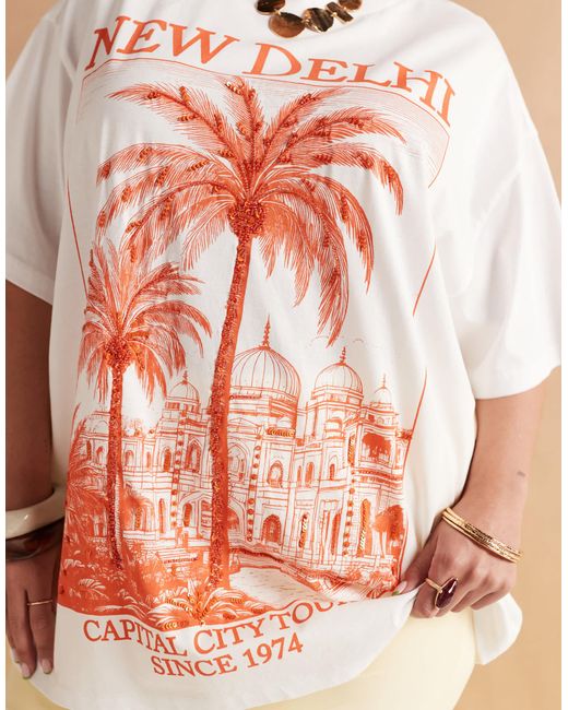 ASOS Natural Asos Design Curve Oversized T-Shirt With New Delhi Embellished Graphic