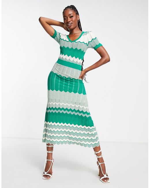 Morgan Knitted Contrast Panel Cap Sleeve Midi Dress in Green | Lyst  Australia