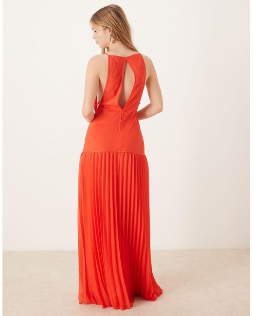 ASOS Red Square Neck Dropped Waist Maxi Dress With Pleated Skirt