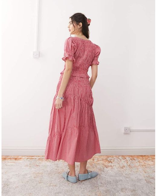 Reclaimed Vintage Pink Midi Sun Dress With Puff Sleeve And Shirred Detail
