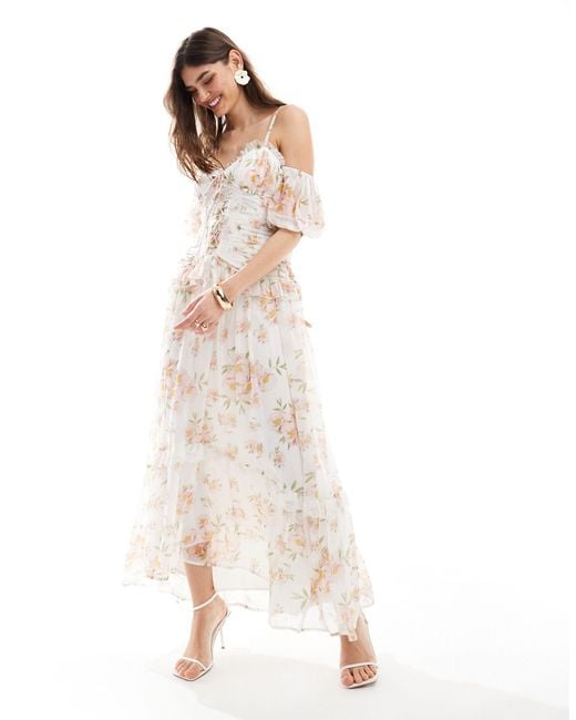 ASOS White Lattice Bodice Bardot Sleeve Frill Midi Dress