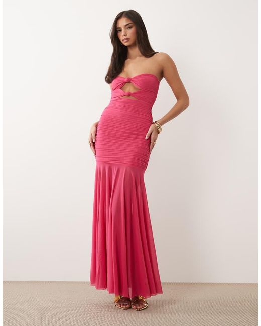 Ruched & Ready Pink Sculpted Mesh Strapless Cut Out Knot Detail Sheer Hem Maxi Dress