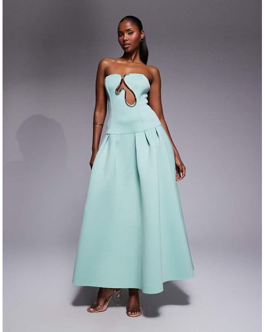 ASOS Blue Premium Dropped Waist Maxi Dress With squiggle Trim