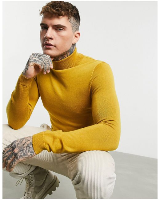 Pull col roulé moulant en laine mérinos - moutarde ASOS pour homme en coloris Yellow