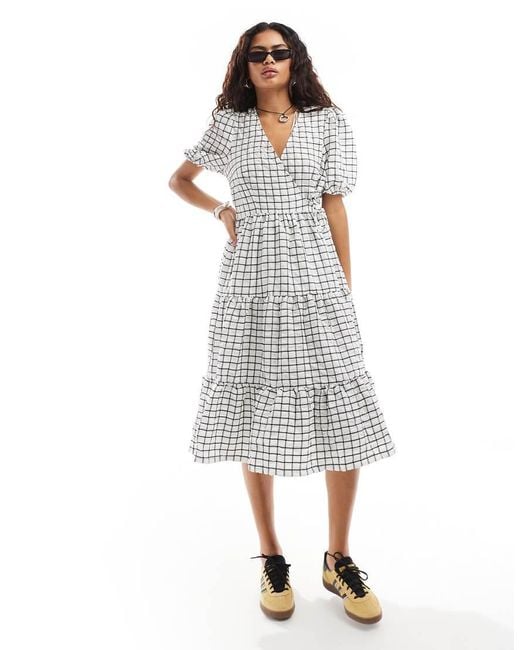 Monki White Wrap Midi Smock Dress With Tiered Hem
