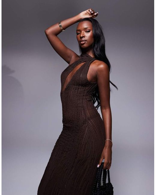 Public Desire Blue Textured Scarf Detail Cut Out Maxi Dress Chocolate