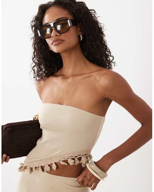 ASOS Natural Co-ord Crinkle Texture Tassel Fringe Asymmetric Bandeau