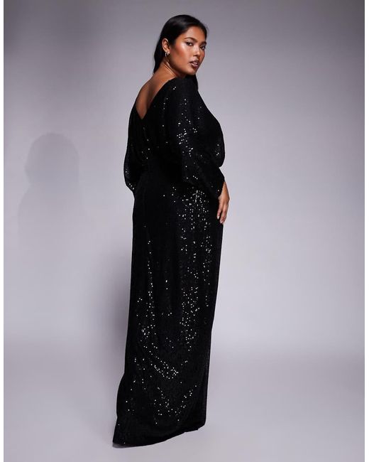 Vestido Largo Con Parte Superior Estilo Kimono De Lentejuelas De Tfnc Plus de color Black