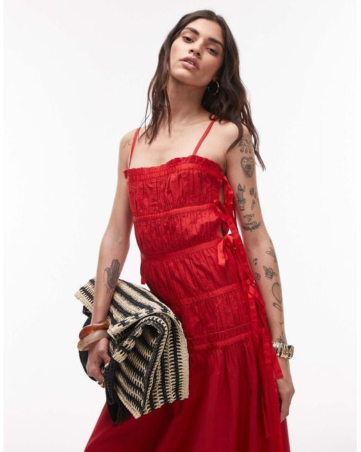 topshop red dress lace TOPSHOP Ruched Panel Midi Dress With Tie Sides in Red