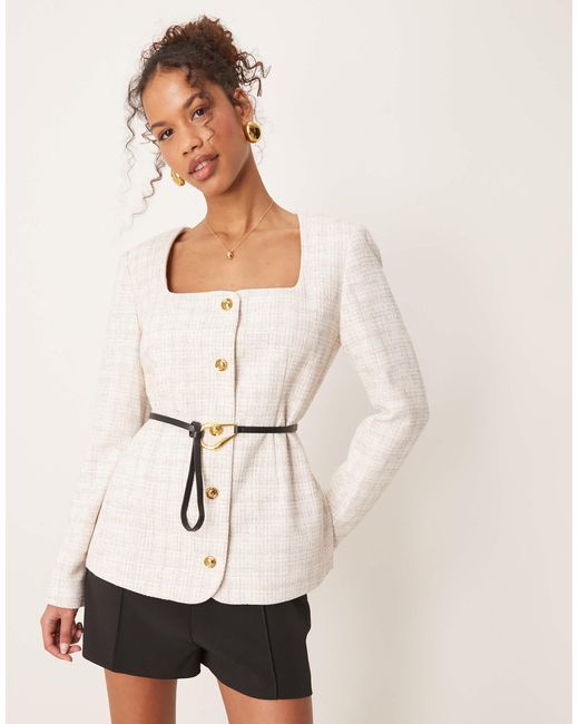 ASOS Natural Boucle Scoop Neck Belted Blazer
