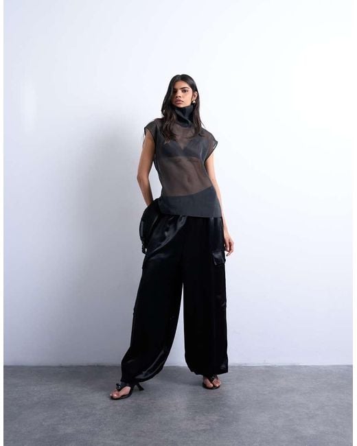 TOPSHOP Black Satin Cargo Balloon Trouser