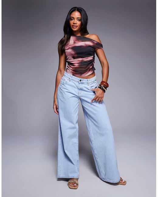 ASOS Multicolor Gathered Short Sleeve Off Shoulder Mesh Top