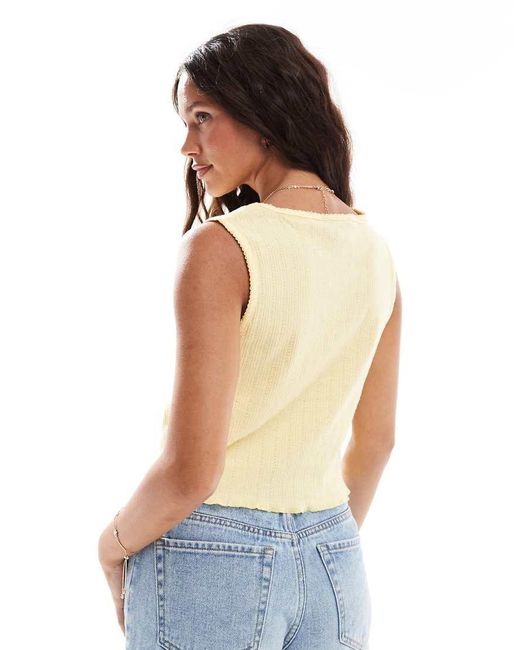 Pieces Blue Sleeveless Cropped Pointelle Top With Bow Trim