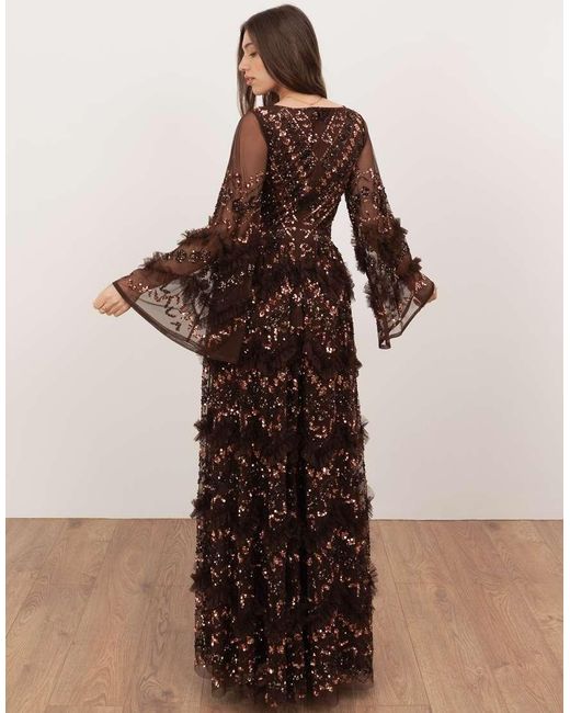 Maya Brown Fully Embellished Frill Maxi Dres