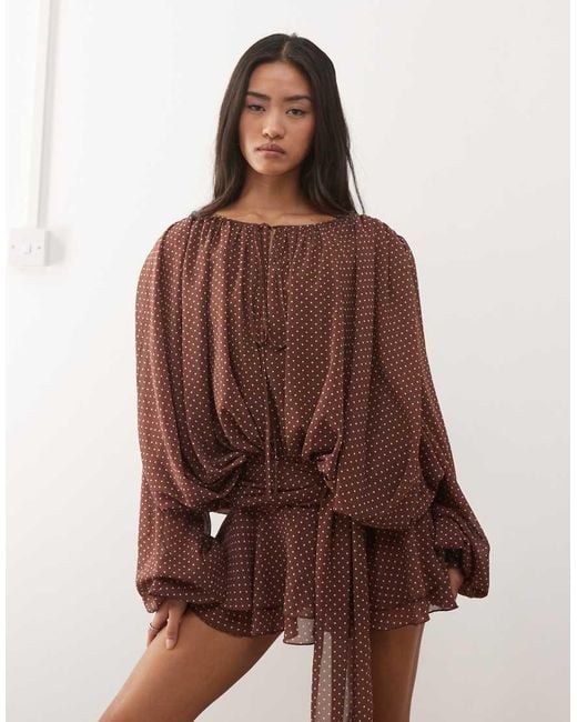 Lioness Brown Elements Petite Chiffon Drape Detail Balloon Sleeve Tie Waist Mini Dress