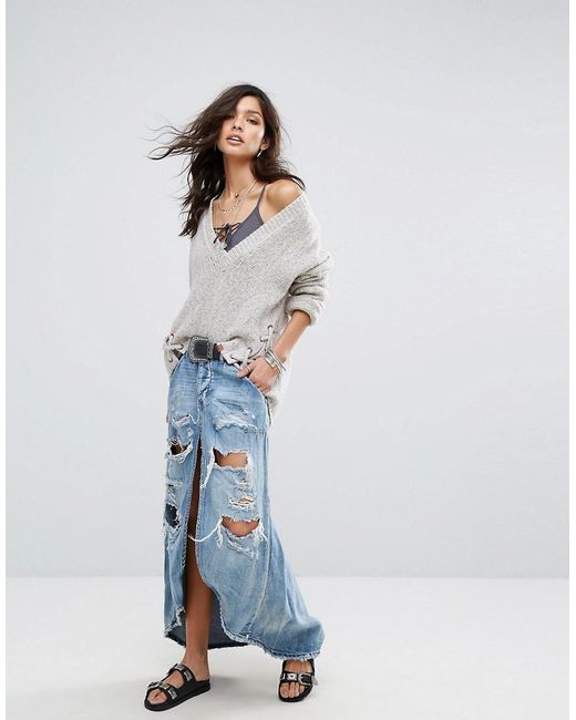 One Teaspoon Blue Denim Maxi Skirt With Slit And Distressing