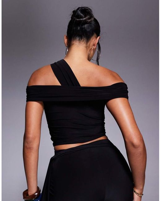 Kaiia Blue Exclusive Double Layered Slinky Asymmetric One Shoulder Gold Hardware Detail Top Co-ord