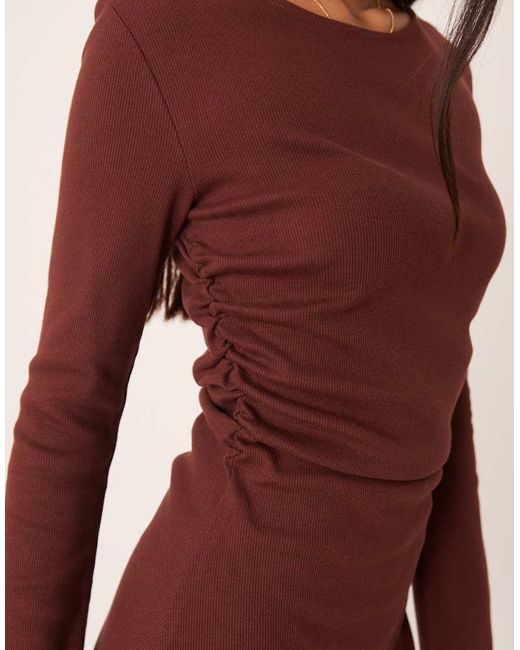 ASOS Natural Ribbed Slash Neck Ruched Side Swing Mini Dress