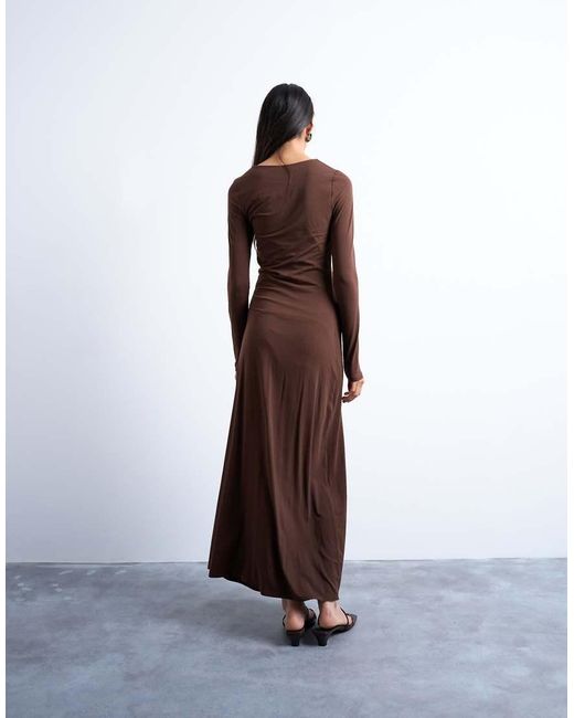TOPSHOP Brown Long Sleeve Ruched Maxi Dress
