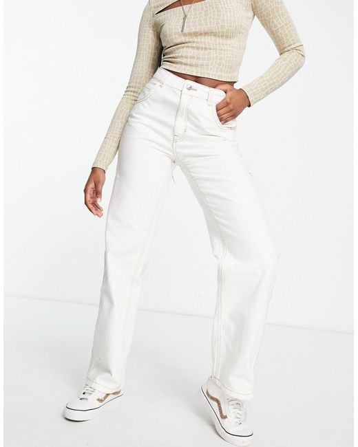 Bershka Denim Contrast Seam Straight Leg Cargo Jeans in White Lyst