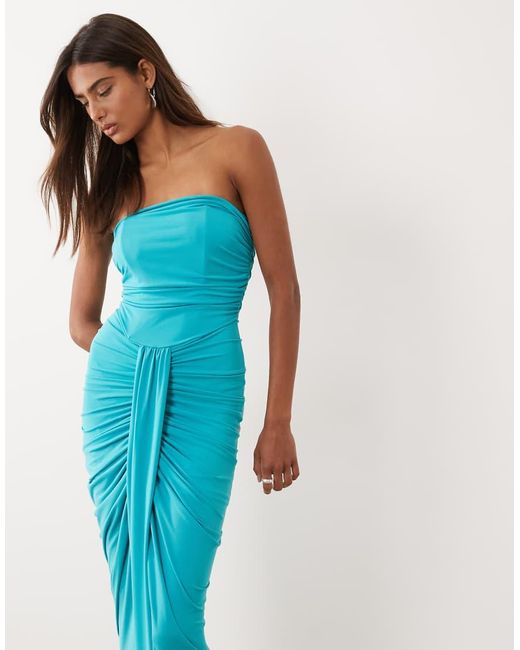 TFNC London Blue Slinky Bandeau Ruched Front Split Maxi Dress