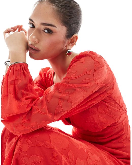 New Look Red Devore Long Sleeve Midi Dress