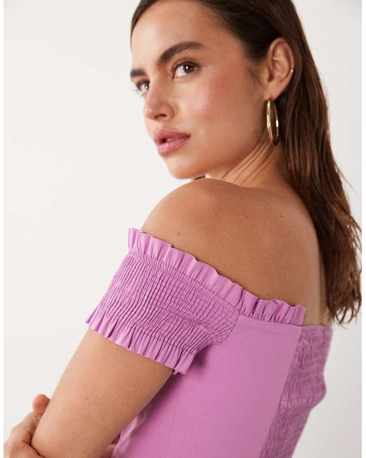 Mango Purple Starring Hailey Bieber Ruffle Detail Off Shoulder Blouse