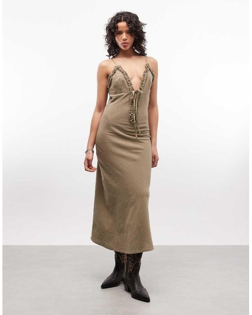 ASOS Natural Deep Plunge Cami Maxi Sundress With Ruffle Trims