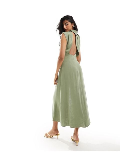 ASOS Green Linen High Neck Grown On Sleeve Midi Dress With Open Back And Button Neck Detail