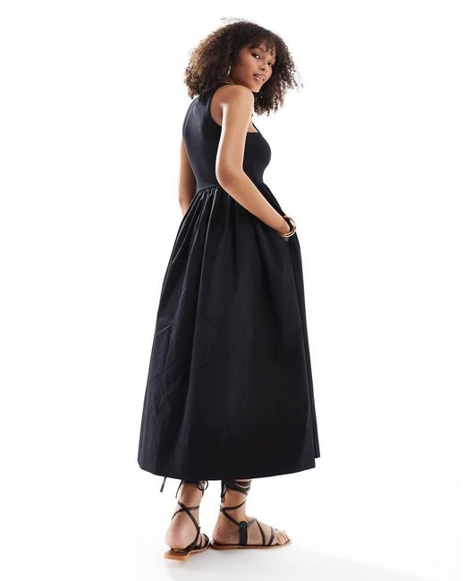 Y.A.S Black Racer Neck Jersey And Cotton Hybrid Maxi Dress