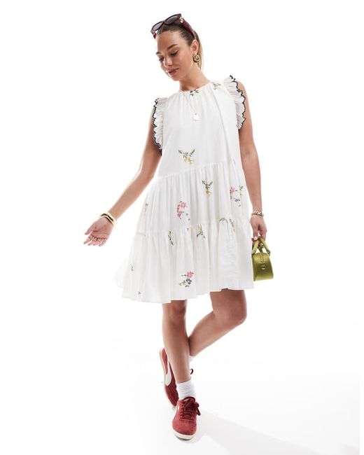 French Connection Mini Jurk Met Stroken En Borduursels in het White