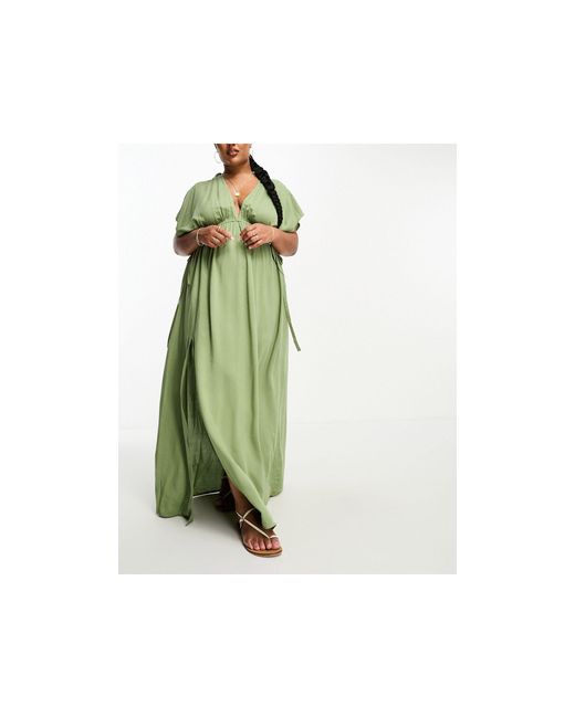 ASOS Green Asos Design Curve Flutter Sleeve Maxi Beach Dress With Tie Detail